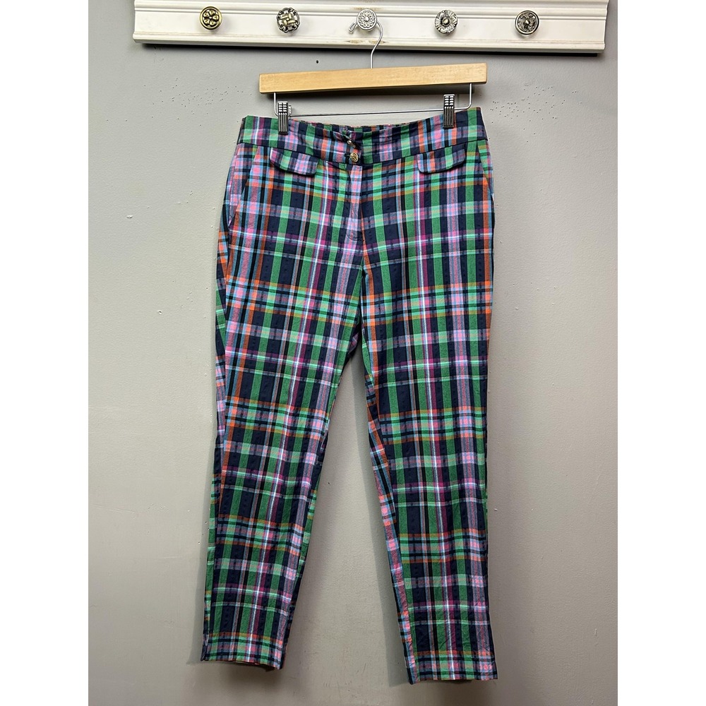 Anne Klein Pants Women 4 Multi Plaid Ankle Slim Fit Gold Lion Button Preppy